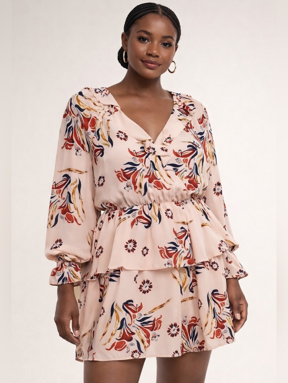 Joie Nour Silk Floral Ruffle V Neck Long Sleeves Rose Pink Mini Dress Large NWT